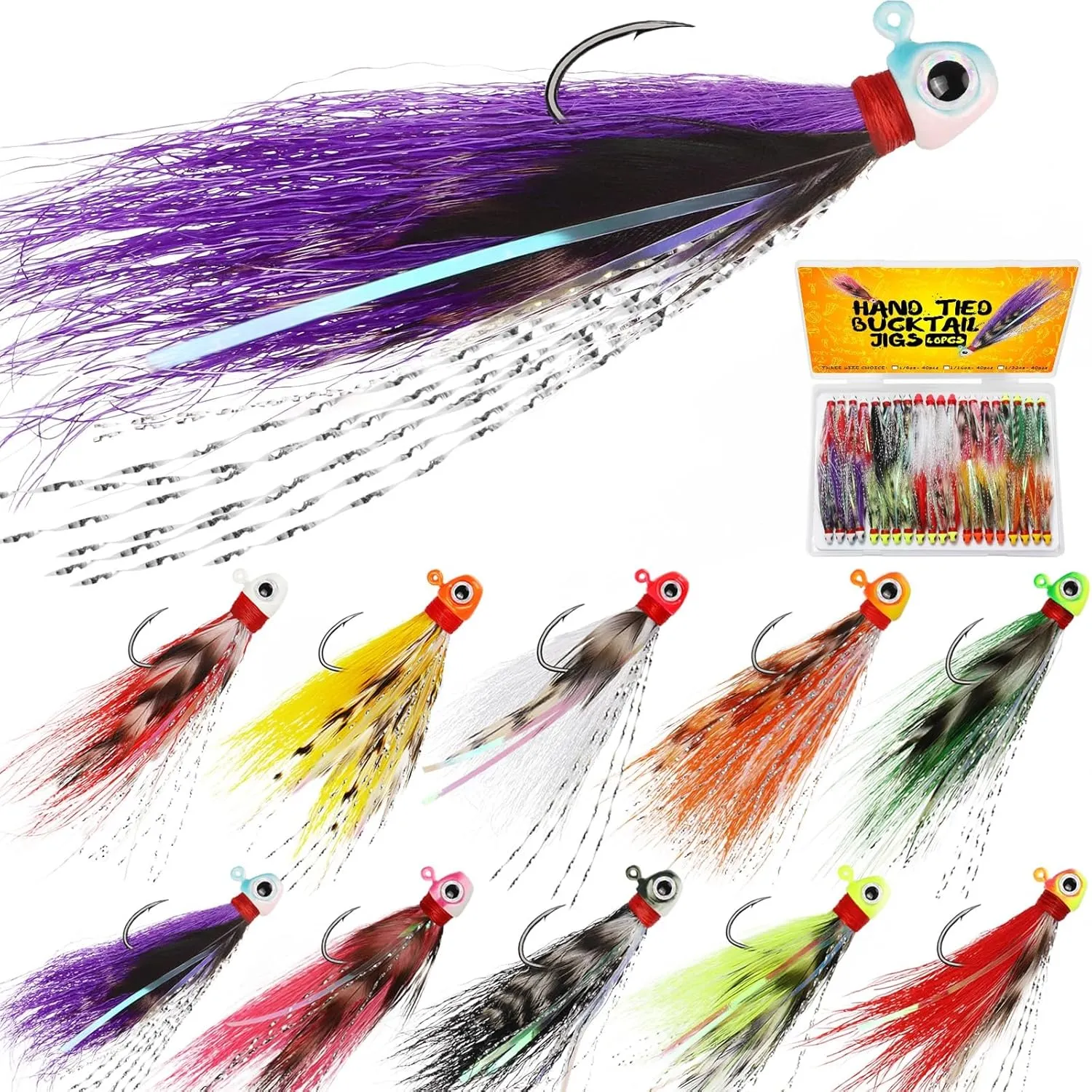Dovesun Crappie Jigs, 40pcs Hand-Tied Hair Jigs 10 Colors Fishing Jigs 1/32oz 1/16oz 1/8oz Bucktail Crappie Jig Heads for Trout, Walleye and Panfish Fishing