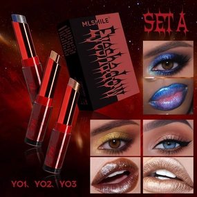 Dual-Color Gradient Pearl Eyeshadow Stick Set - Halloween Stage Makeup with Shimmer Lip Color (SET A)