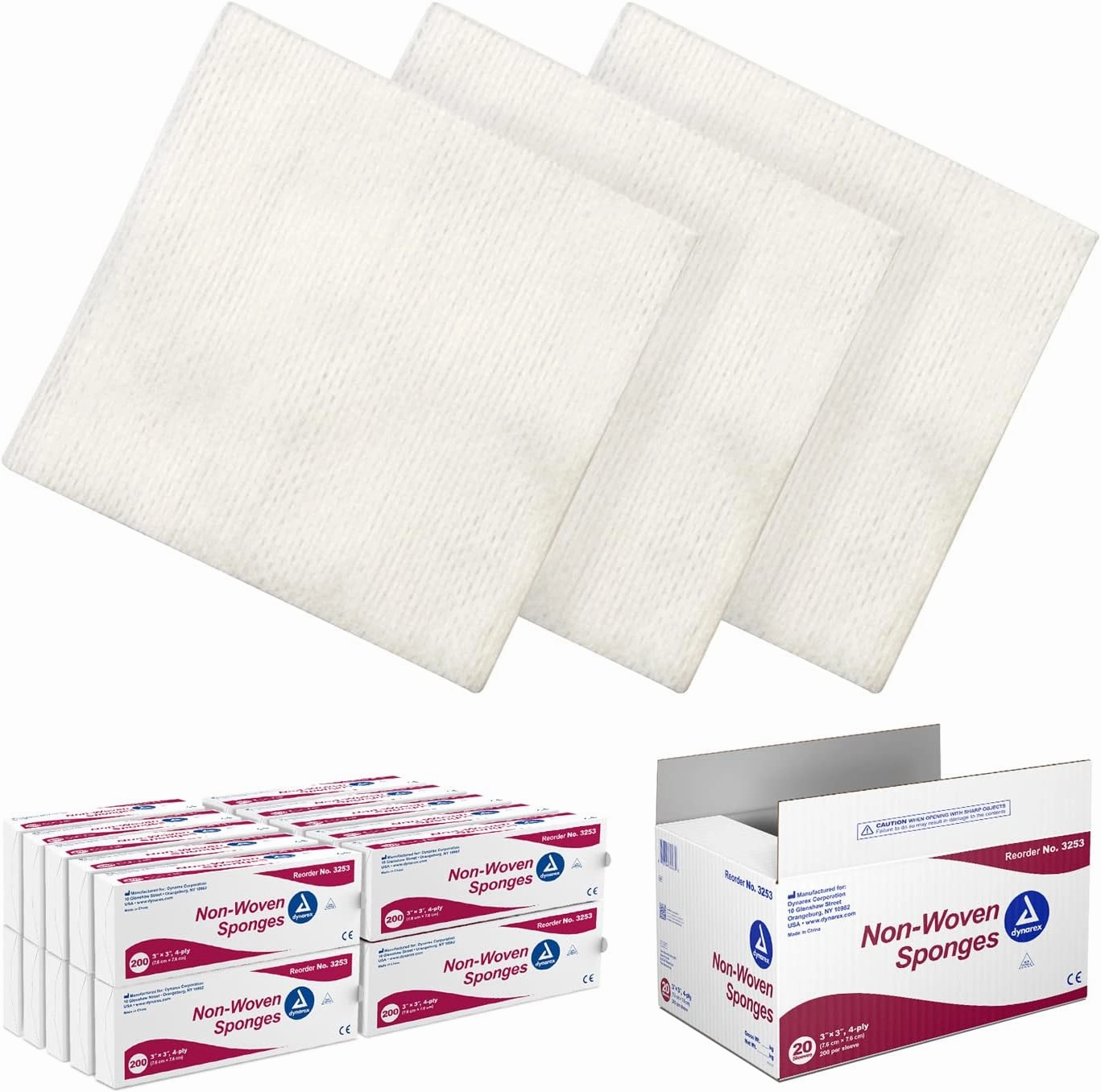 Dynarex Non-Woven Sponges, Non-Sterile, Gauze Sponges, Highly-Absorbent, 3"x 3", 4 Ply, 1 Case of 4000 (20 Boxes of 200)