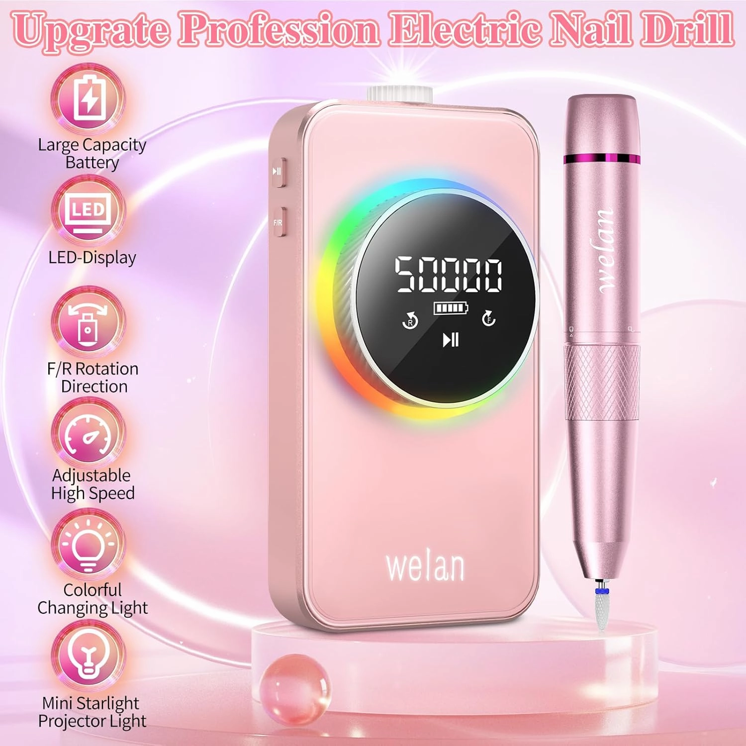 Electric Nail Drill Professional 50000RPM, 2025 Pro Fast Removal Electric Nails Drill, 6000mAh Rechargeable Portable Nail Drill Machine for Acrylic Gel Nails, Manicure Polishing for Salon Home