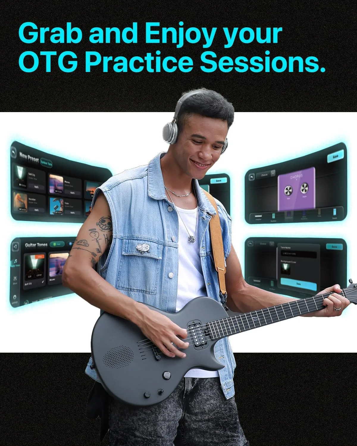 Enya Electric Guitar Nova Go Sonic Smart Electric Carbon Fiber Guitarra with 10W Wireless Speaker, Onboard Presets, All-in-One Portable Rig for Street Performers & Home Studios, Black