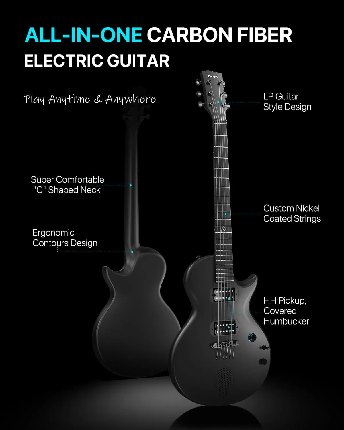 Enya Electric Guitar Nova Go Sonic Smart Electric Carbon Fiber Guitarra with 10W Wireless Speaker, Onboard Presets, All-in-One Portable Rig for Street Performers & Home Studios, Black