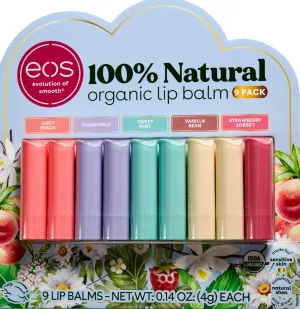 EOS Organic Lip Balm Juicy Peach Chamomile Mint Vanilla Strawberry, 9 Pack