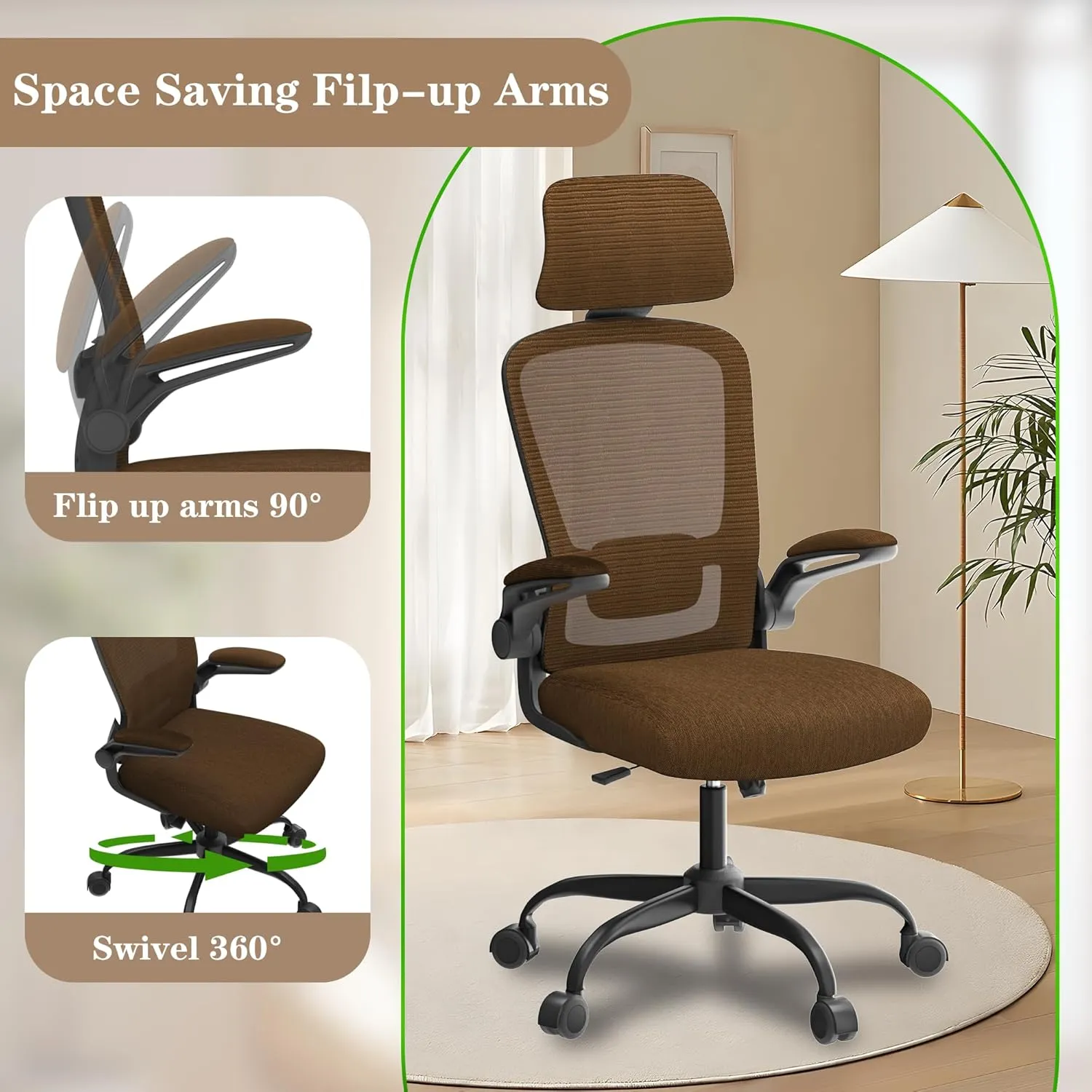 Ergonomic Mesh Home Office Chair | High Back Computer Desk Chair with Adjustable Lumbar Support & Headrest | Swivel Task Chair with Flip-Up Armrests for Home & Office (English, Brown)