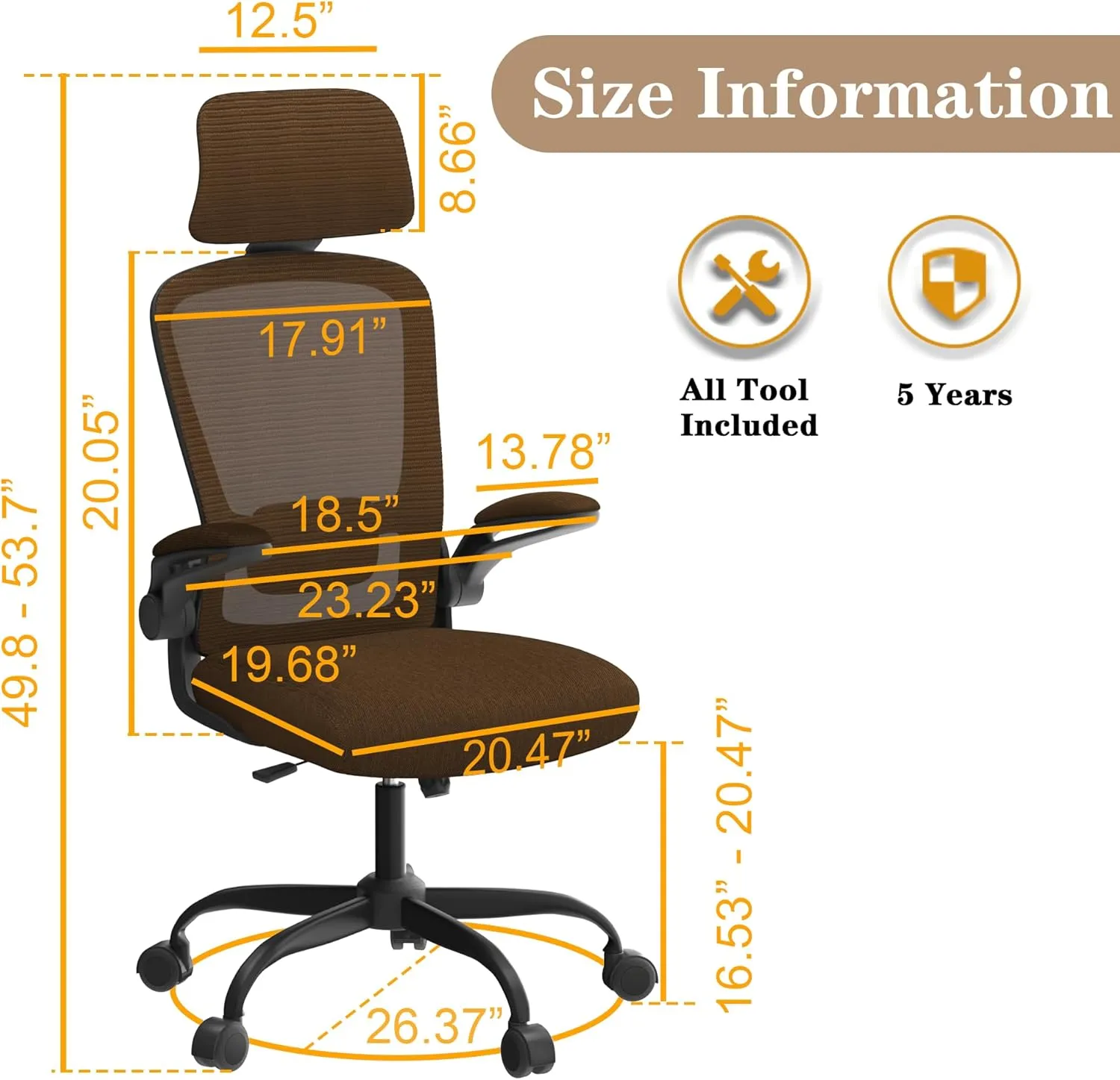 Ergonomic Mesh Home Office Chair | High Back Computer Desk Chair with Adjustable Lumbar Support & Headrest | Swivel Task Chair with Flip-Up Armrests for Home & Office (English, Brown)