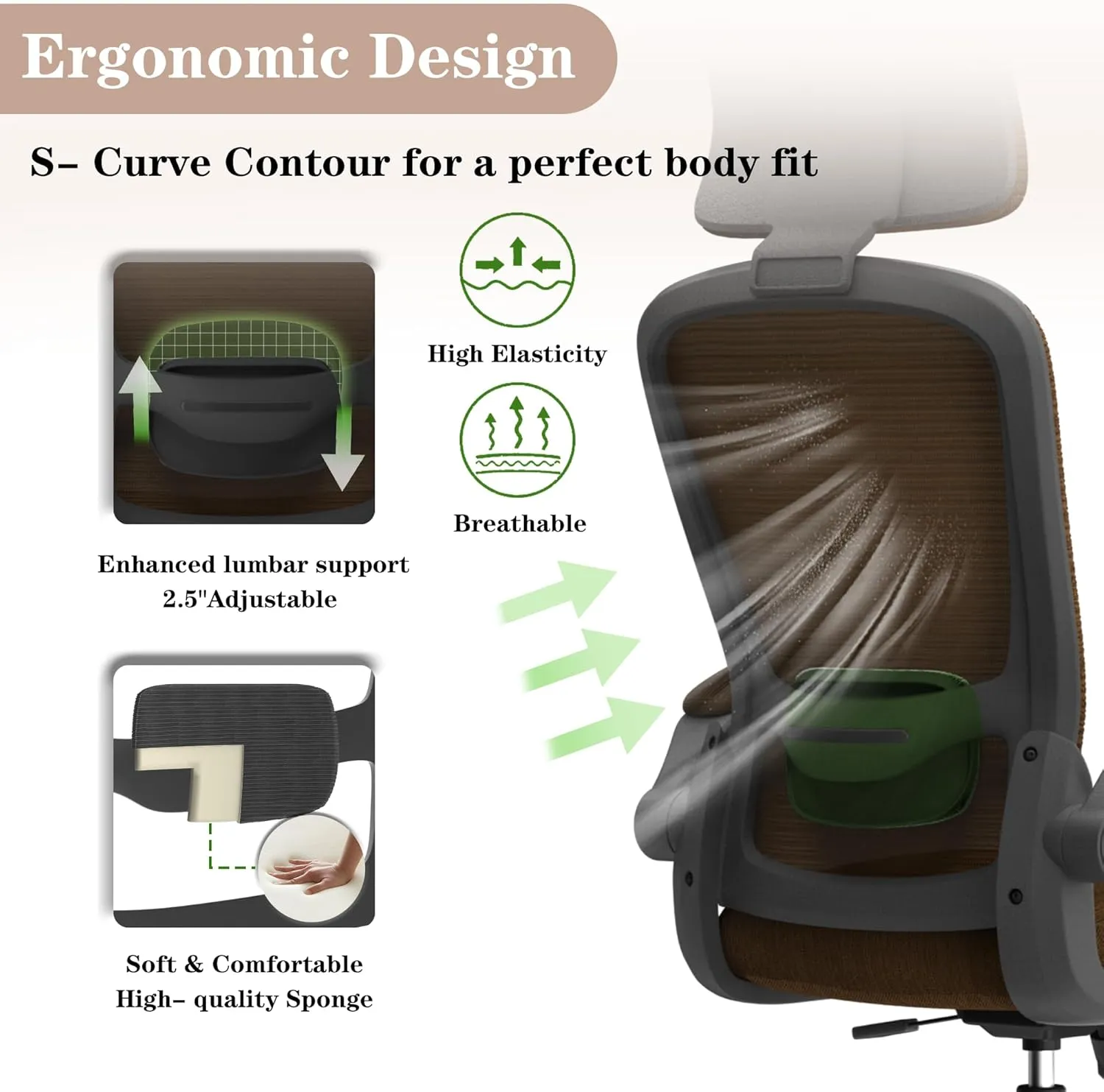Ergonomic Mesh Home Office Chair | High Back Computer Desk Chair with Adjustable Lumbar Support & Headrest | Swivel Task Chair with Flip-Up Armrests for Home & Office (English, Brown)
