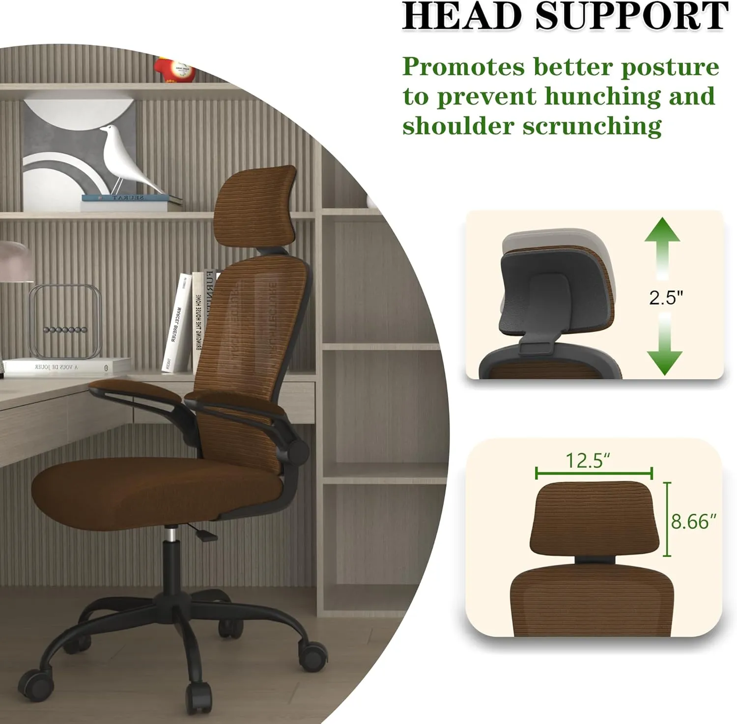 Ergonomic Mesh Home Office Chair | High Back Computer Desk Chair with Adjustable Lumbar Support & Headrest | Swivel Task Chair with Flip-Up Armrests for Home & Office (English, Brown)