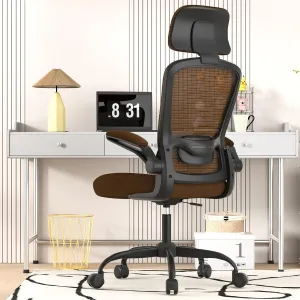 Ergonomic Mesh Home Office Chair | High Back Computer Desk Chair with Adjustable Lumbar Support & Headrest | Swivel Task Chair with Flip-Up Armrests for Home & Office (English, Brown)
