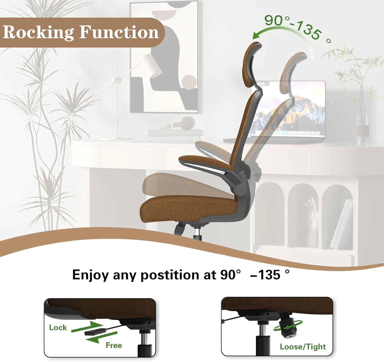 Ergonomic Mesh Home Office Chair | High Back Computer Desk Chair with Adjustable Lumbar Support & Headrest | Swivel Task Chair with Flip-Up Armrests for Home & Office (English, Brown)