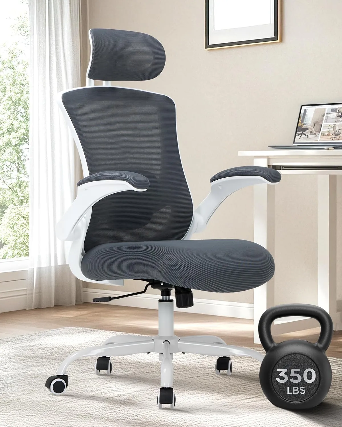 Ergonomic Mesh Office Chair with Lumbar Support 350 lbs High Back Office Chiar with Flip-up Armrests and 3D Large Headrest, Comfy Computer Desk Chair for Home and Office