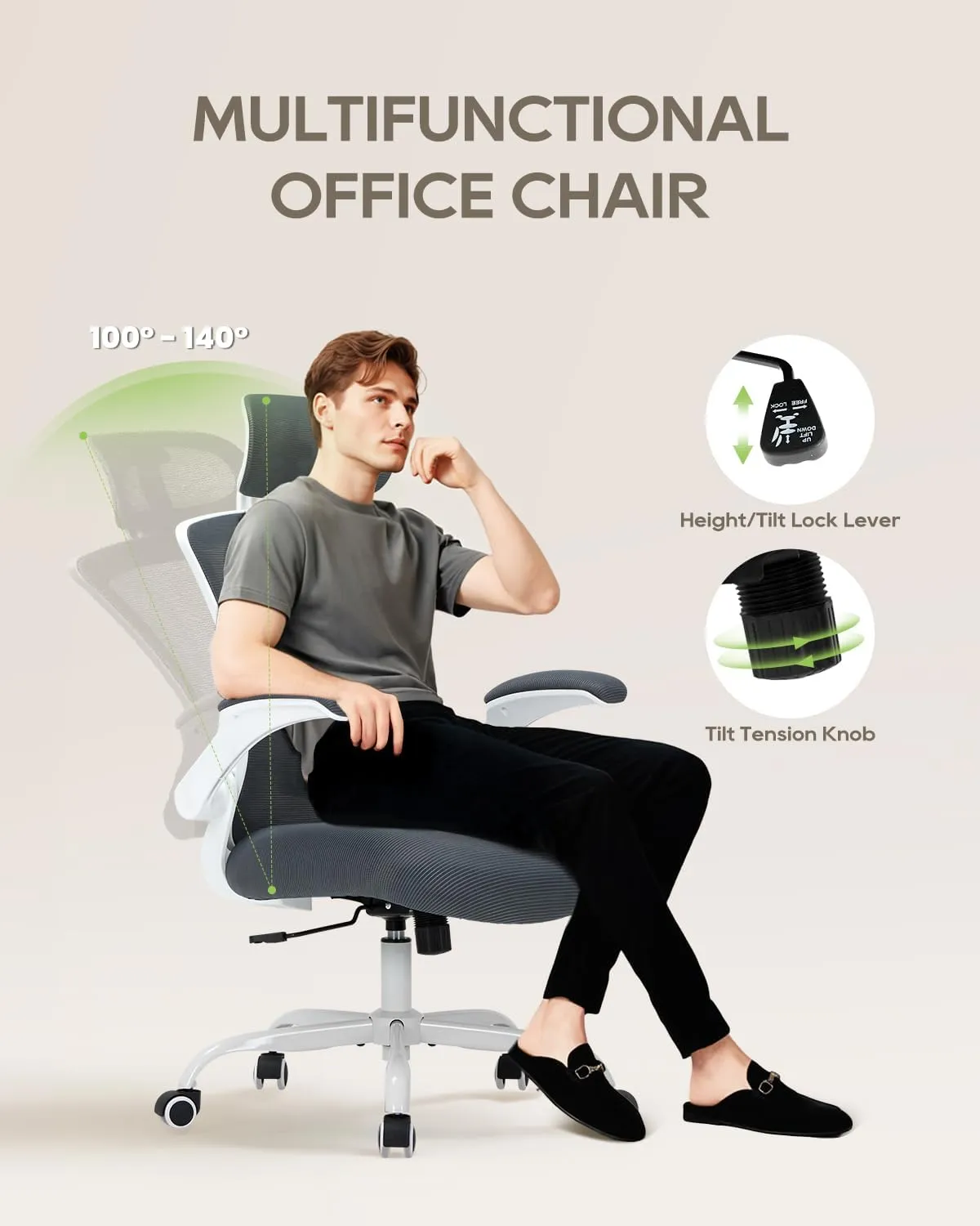 Ergonomic Mesh Office Chair with Lumbar Support 350 lbs High Back Office Chiar with Flip-up Armrests and 3D Large Headrest, Comfy Computer Desk Chair for Home and Office