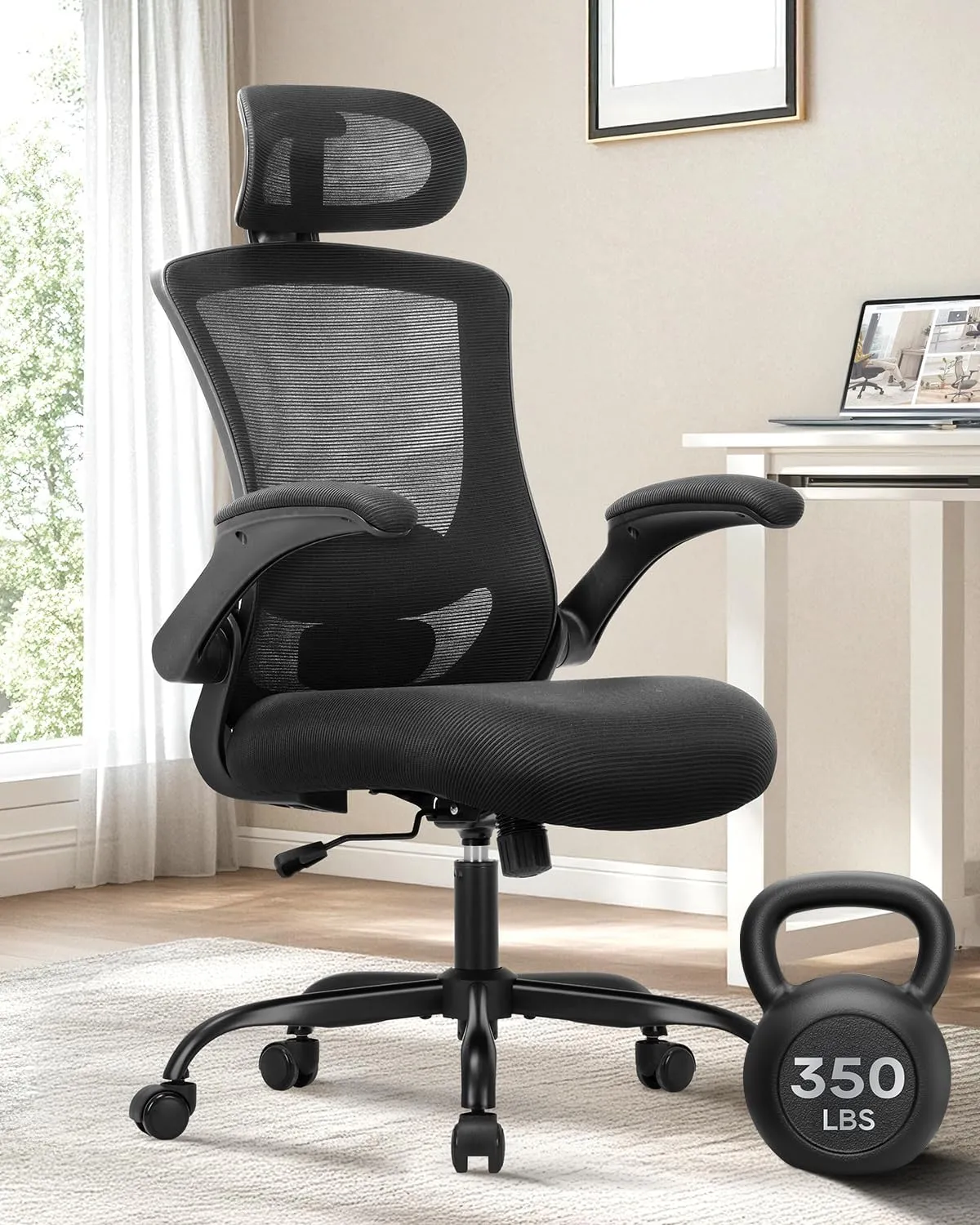 Ergonomic Mesh Office Chair with Lumbar Support 350 lbs High Back Office Chiar with Flip-up Armrests and 3D Large Headrest, Comfy Computer Desk Chair for Home and Office