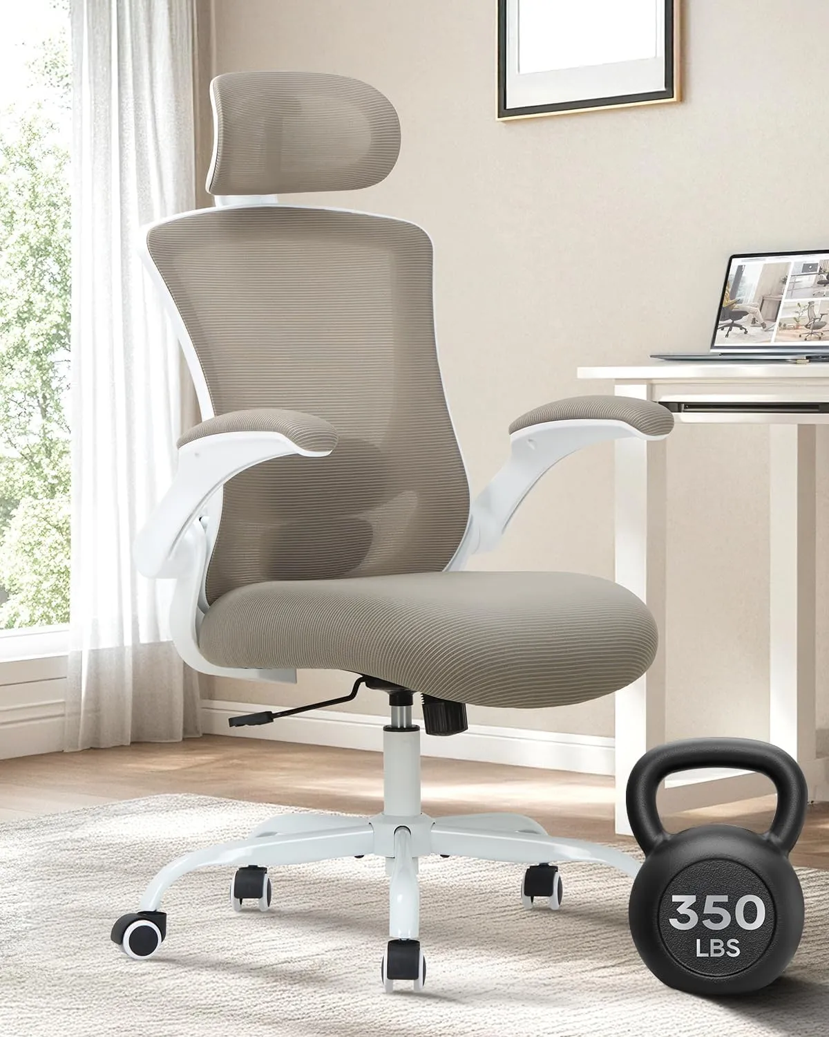 Ergonomic Mesh Office Chair with Lumbar Support 350 lbs High Back Office Chiar with Flip-up Armrests and 3D Large Headrest, Comfy Computer Desk Chair for Home and Office
