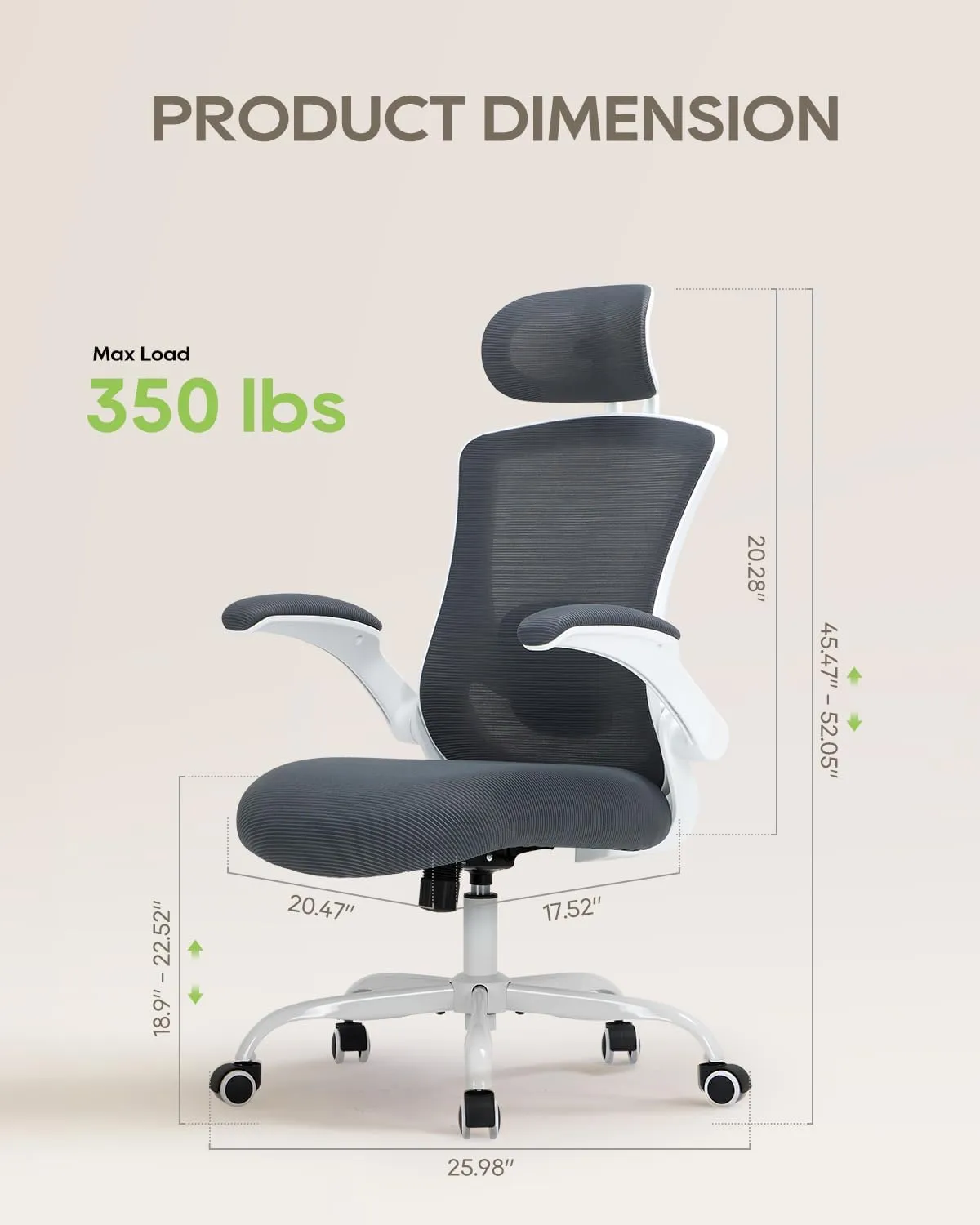 Ergonomic Mesh Office Chair with Lumbar Support 350 lbs High Back Office Chiar with Flip-up Armrests and 3D Large Headrest, Comfy Computer Desk Chair for Home and Office