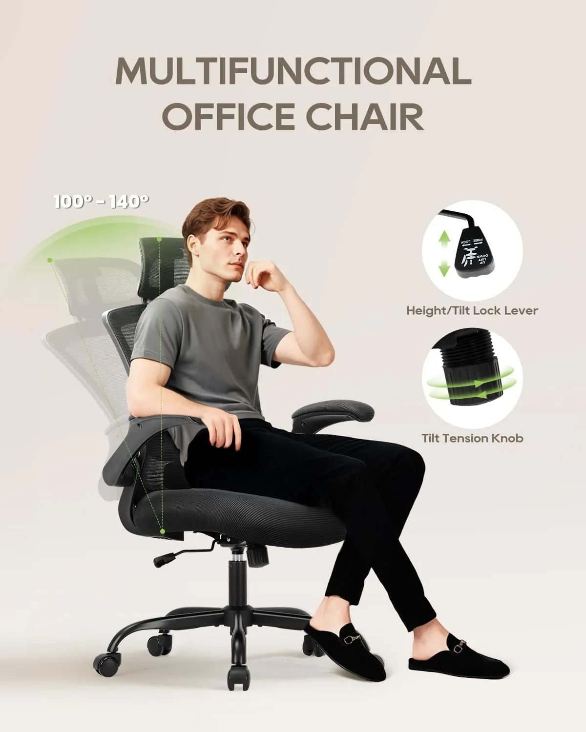 Ergonomic Mesh Office Chair with Lumbar Support 350 lbs High Back Office Chiar with Flip-up Armrests and 3D Large Headrest, Comfy Computer Desk Chair for Home and Office