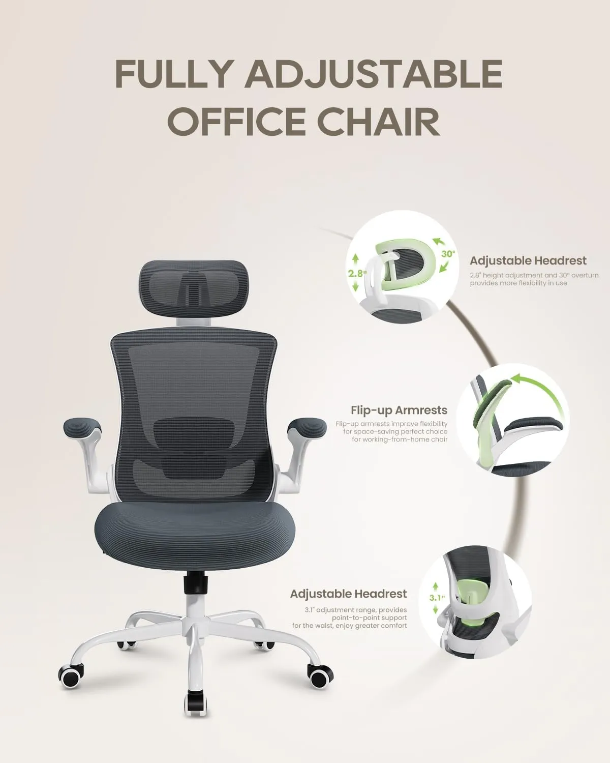 Ergonomic Mesh Office Chair with Lumbar Support 350 lbs High Back Office Chiar with Flip-up Armrests and 3D Large Headrest, Comfy Computer Desk Chair for Home and Office