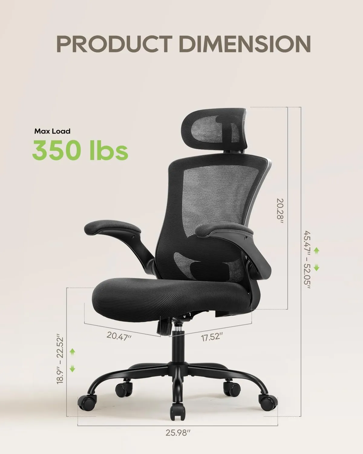 Ergonomic Mesh Office Chair with Lumbar Support 350 lbs High Back Office Chiar with Flip-up Armrests and 3D Large Headrest, Comfy Computer Desk Chair for Home and Office