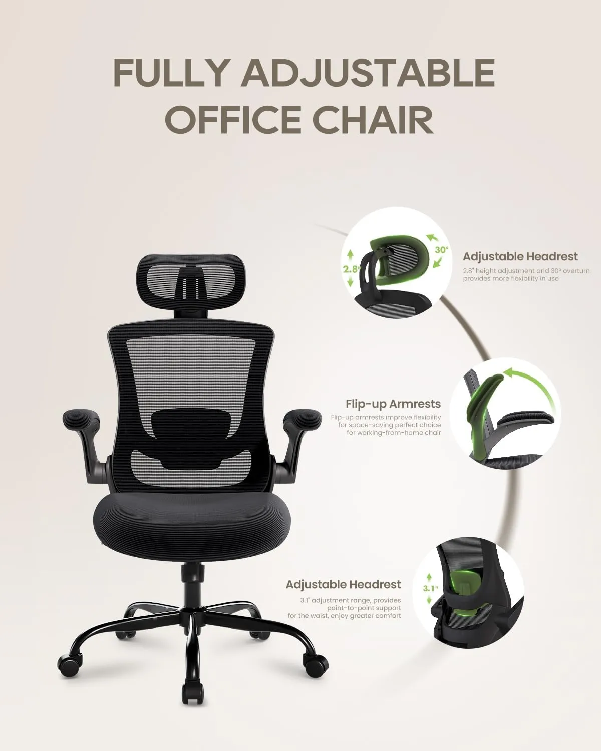 Ergonomic Mesh Office Chair with Lumbar Support 350 lbs High Back Office Chiar with Flip-up Armrests and 3D Large Headrest, Comfy Computer Desk Chair for Home and Office