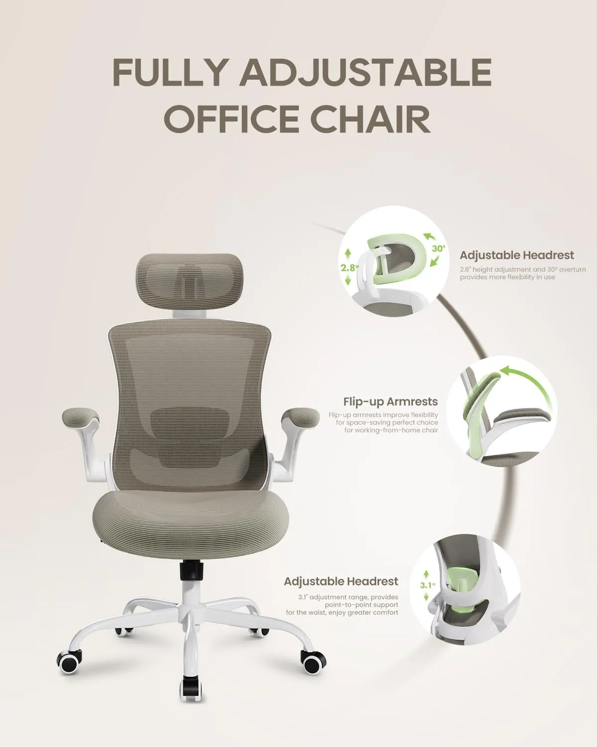 Ergonomic Mesh Office Chair with Lumbar Support 350 lbs High Back Office Chiar with Flip-up Armrests and 3D Large Headrest, Comfy Computer Desk Chair for Home and Office