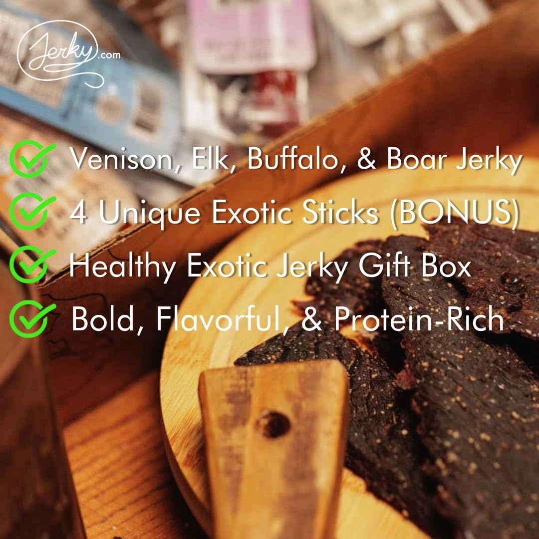 Exotic Jerky Gift Box for Men - 8 Piece Exotic Jerky & Meat Sticks Gift Set - Includes Venison, Elk, Buffalo, and Wild Boar Jerkey and Meat Sticks - Father's Day Gift - Gifts For Men
