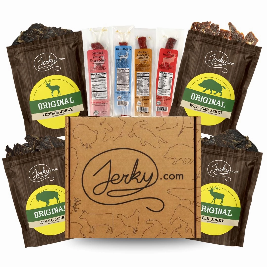 Exotic Jerky Gift Box for Men - 8 Piece Exotic Jerky & Meat Sticks Gift Set - Includes Venison, Elk, Buffalo, and Wild Boar Jerkey and Meat Sticks - Father's Day Gift - Gifts For Men