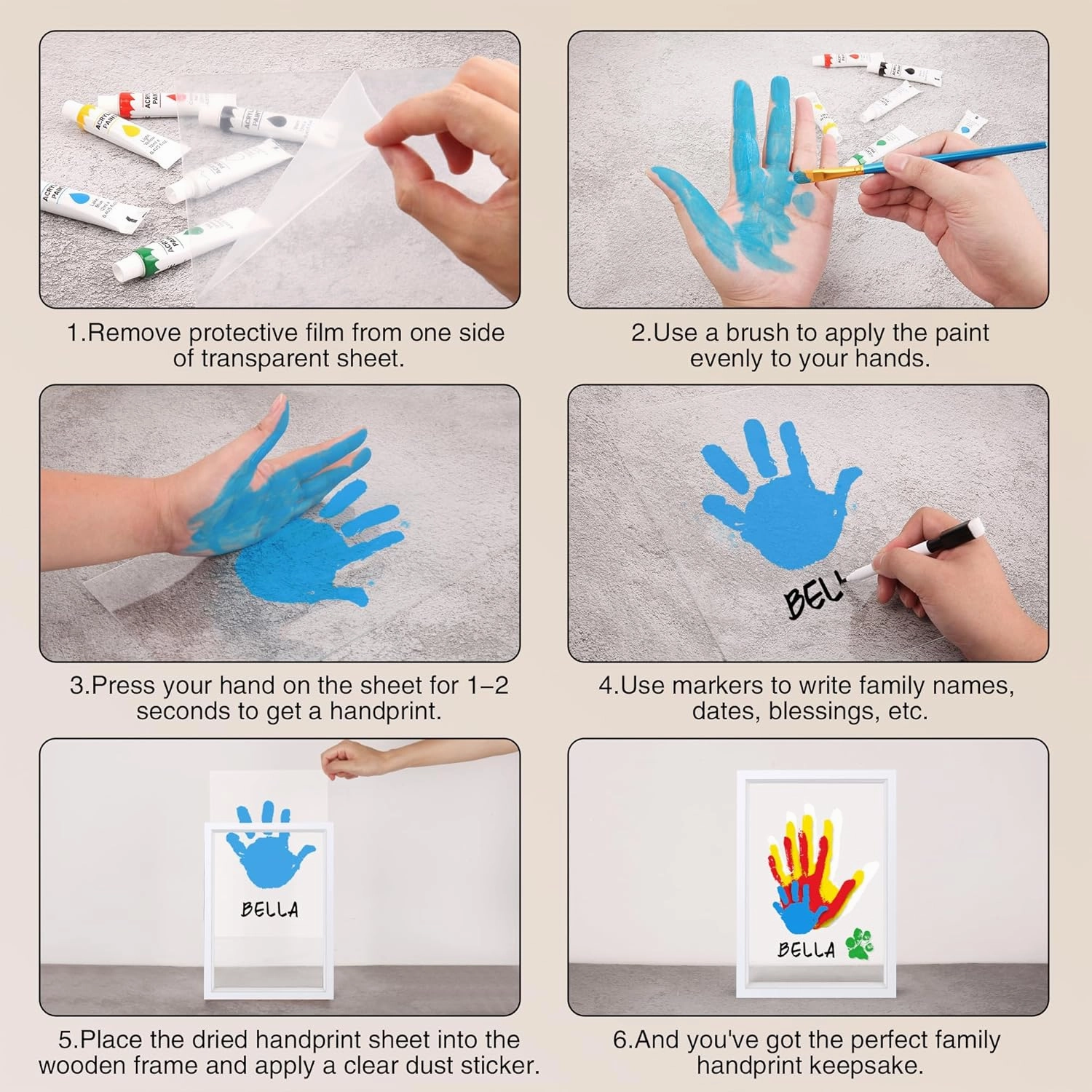 Family Handprint Kit, DIY Craft Keepsake Frame, Baby Hand Print Kits, Family Gifts for New Mom, New Parents, Grandparents, Father's Day, Mother's Day, Anniversary, 6 Non -Toxic Paints (White)