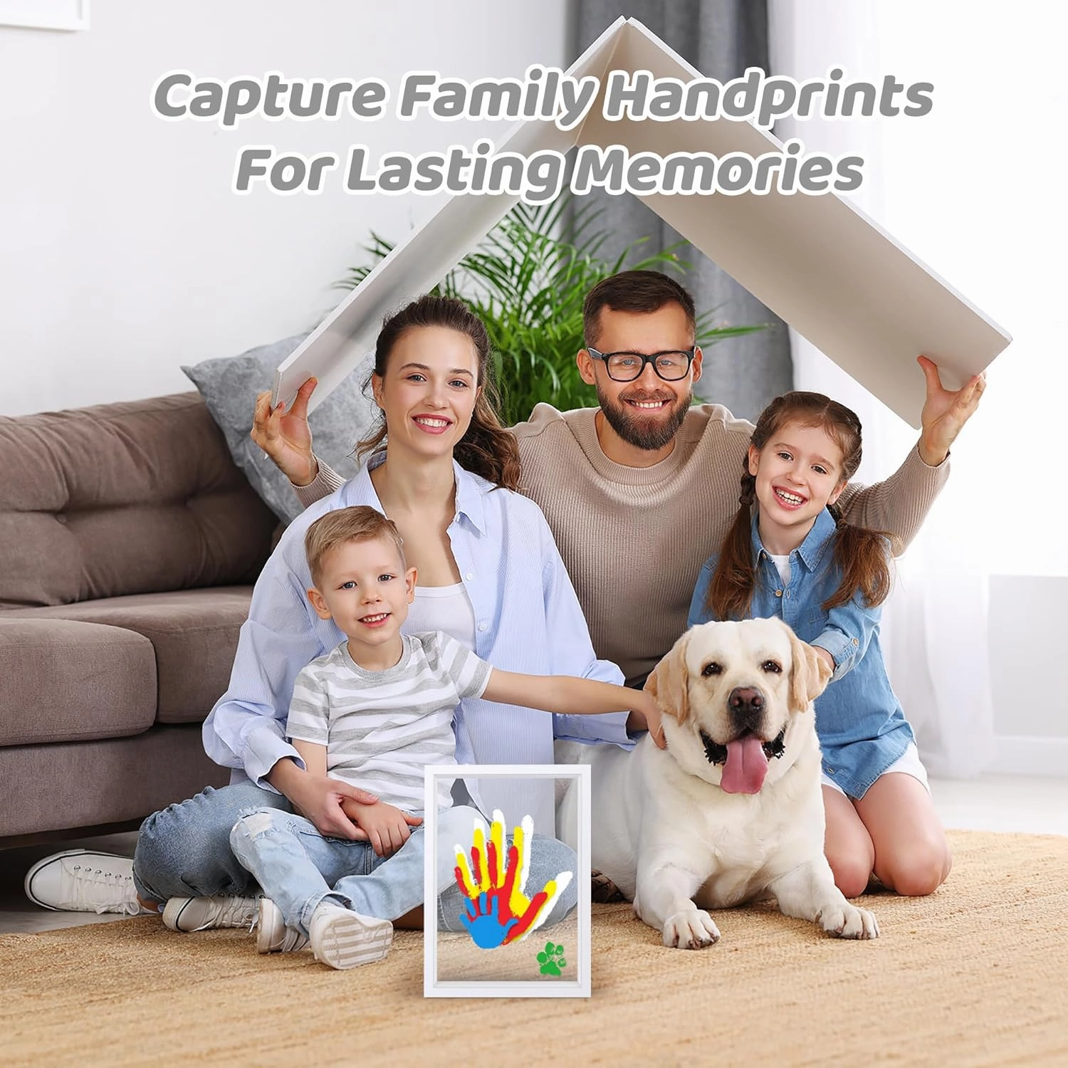 Family Handprint Kit, DIY Craft Keepsake Frame, Baby Hand Print Kits, Family Gifts for New Mom, New Parents, Grandparents, Father's Day, Mother's Day, Anniversary, 6 Non -Toxic Paints (White)