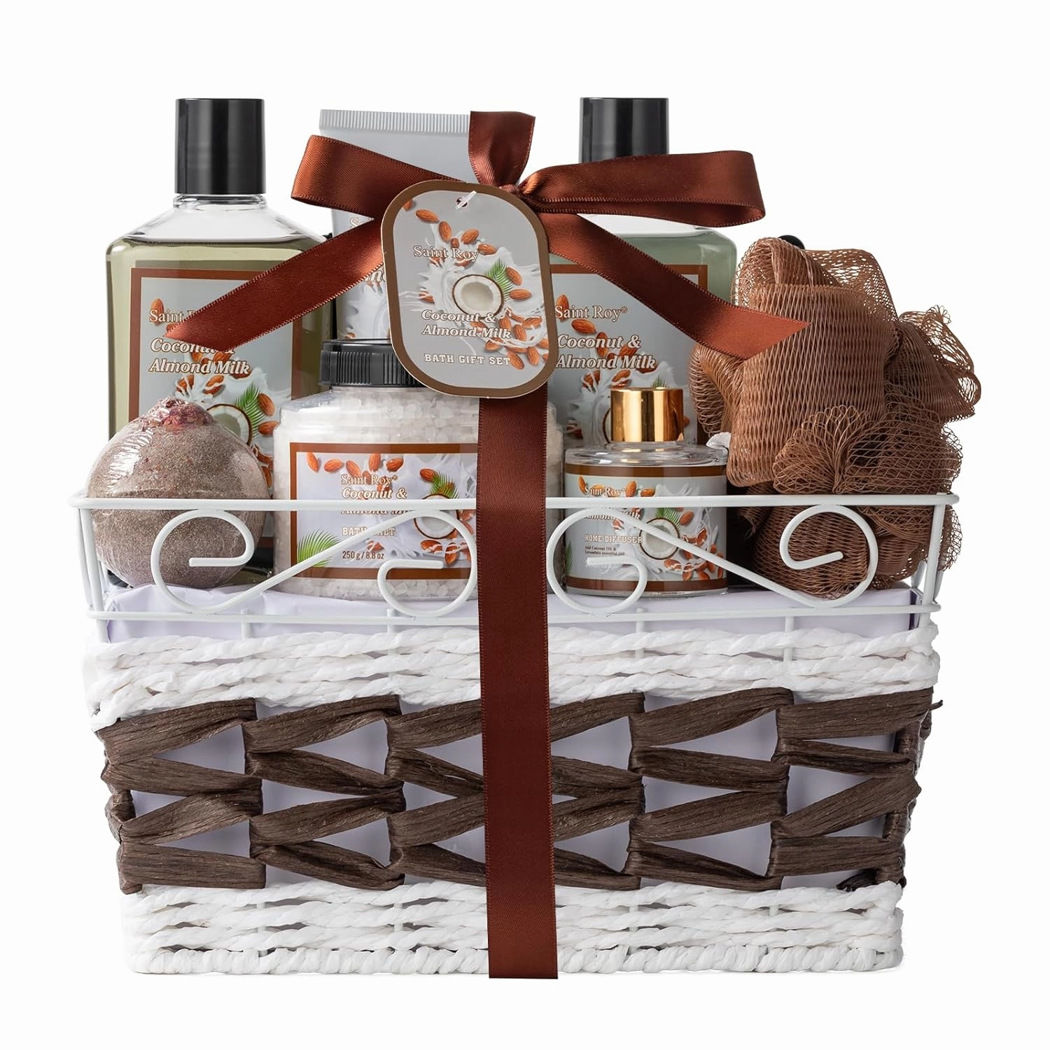 Fathers Day Gifts for Men for Dad Bath and Body Gift Basket For Women & Men Spa Gift Basket Coconut Almond 16 Pcs Bath Gift Set With Fragrant Lotion, Home Spa Luxurious Bath Body Oil, Diffuser & More