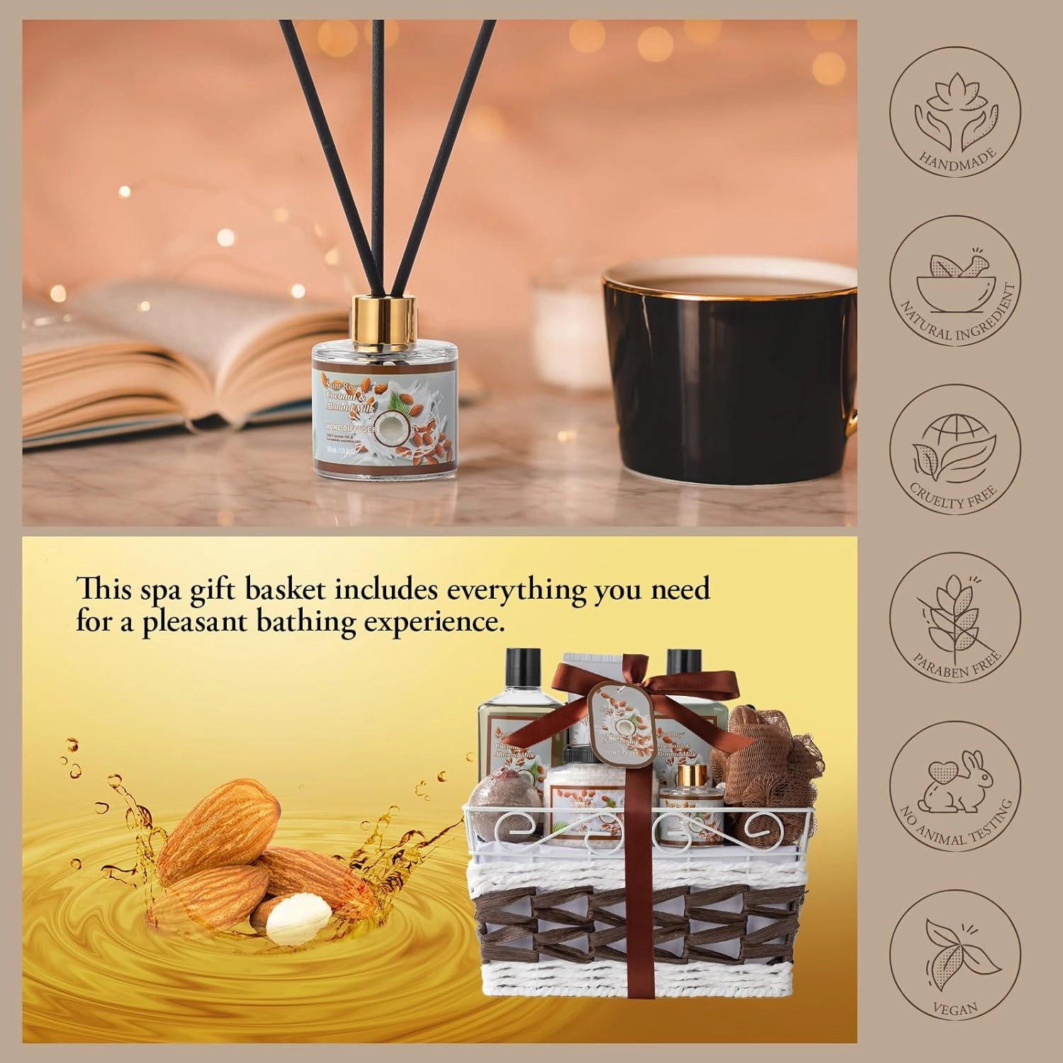 Fathers Day Gifts for Men for Dad Bath and Body Gift Basket For Women & Men Spa Gift Basket Coconut Almond 16 Pcs Bath Gift Set With Fragrant Lotion, Home Spa Luxurious Bath Body Oil, Diffuser & More