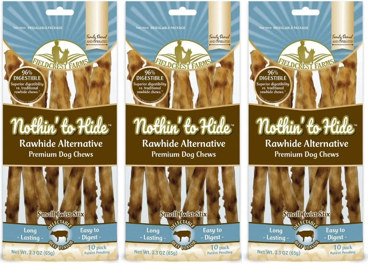 Fieldcrest Farms Nothing to Hide Natural Rawhide Alternative Twist Stix for Dogs - 3 Pack (30 Sticks) Premium Grade Easily Digestible Chews - Great for Dental Health (3 Count (Pack of 1), Beef)
