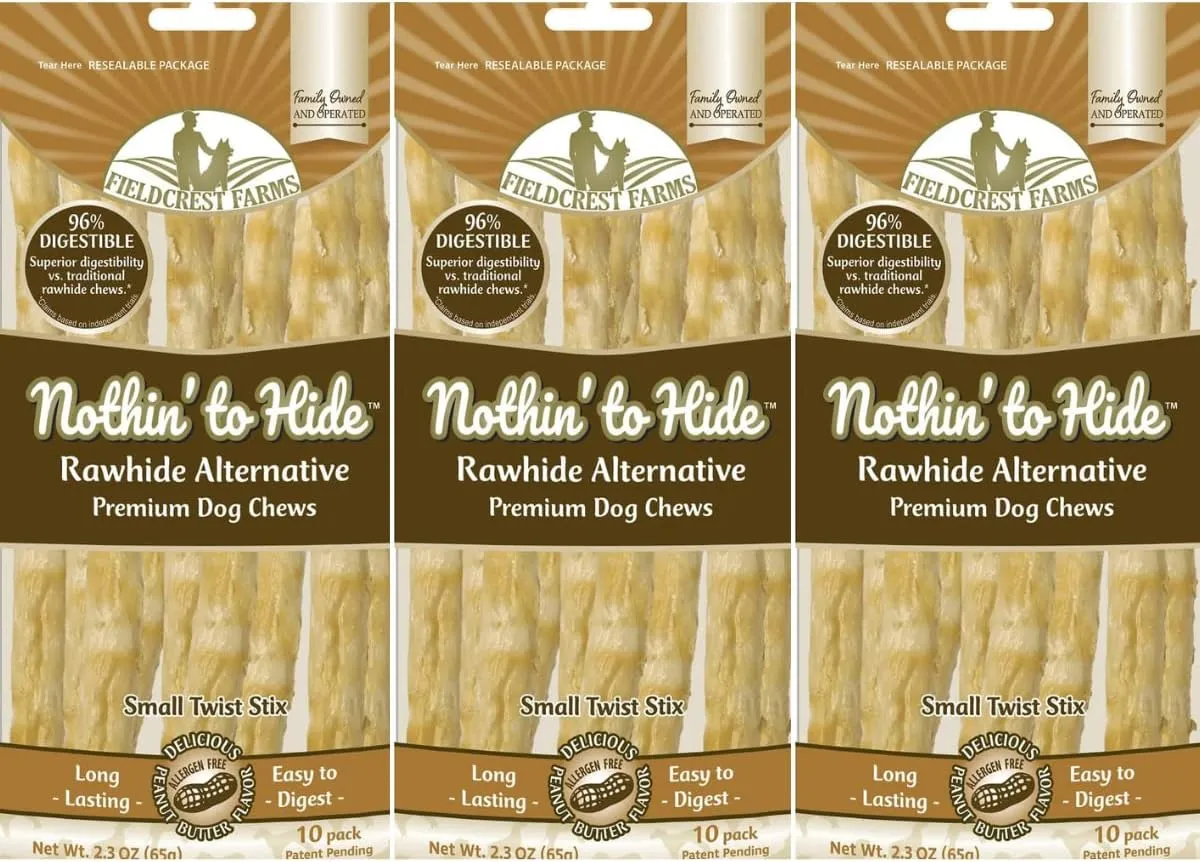 Fieldcrest Farms Nothing to Hide Natural Rawhide Alternative Twist Stix for Dogs - 3 Pack (30 Sticks) Premium Grade Easily Digestible Chews - Great for Dental Health (Peanut Butter, Small Stix)
