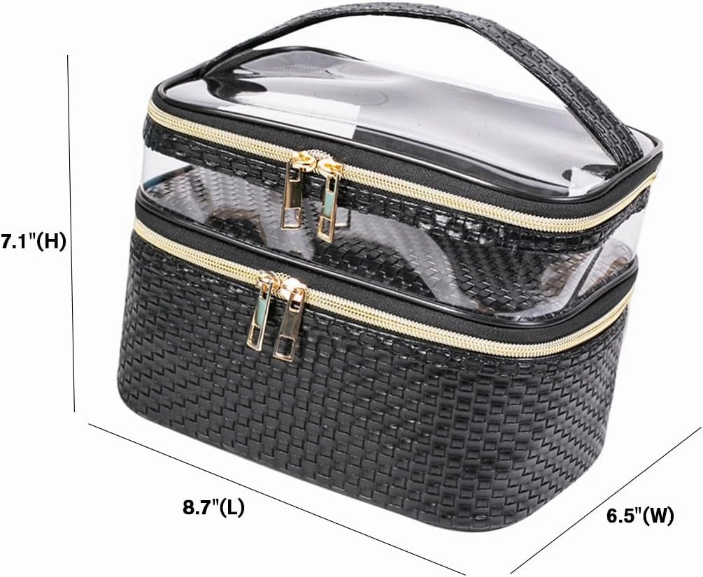 FITINI 3 Pieces Makeup Bags Double Layer Travel Large Cosmetic Cases Organizer Toiletry Bags Waterproof Small Zipper Pouch for Women Makeup Brush Storage Bag,Black Woven Pattern