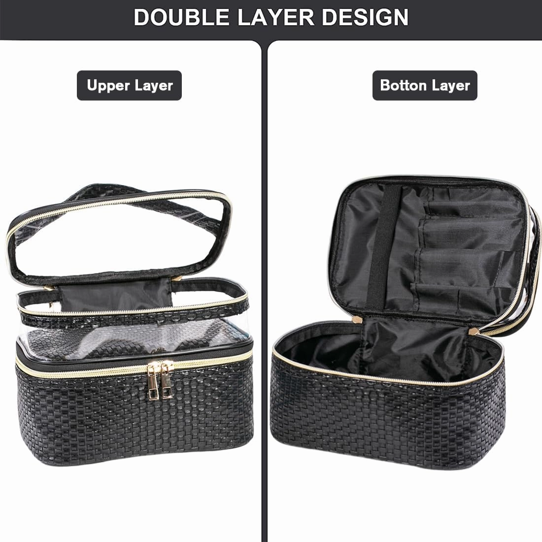 FITINI 3 Pieces Makeup Bags Double Layer Travel Large Cosmetic Cases Organizer Toiletry Bags Waterproof Small Zipper Pouch for Women Makeup Brush Storage Bag,Black Woven Pattern