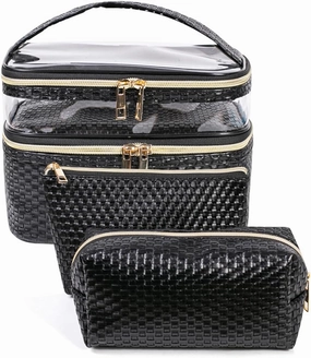 FITINI 3 Pieces Makeup Bags Double Layer Travel Large Cosmetic Cases Organizer Toiletry Bags Waterproof Small Zipper Pouch for Women Makeup Brush Storage Bag,Black Woven Pattern