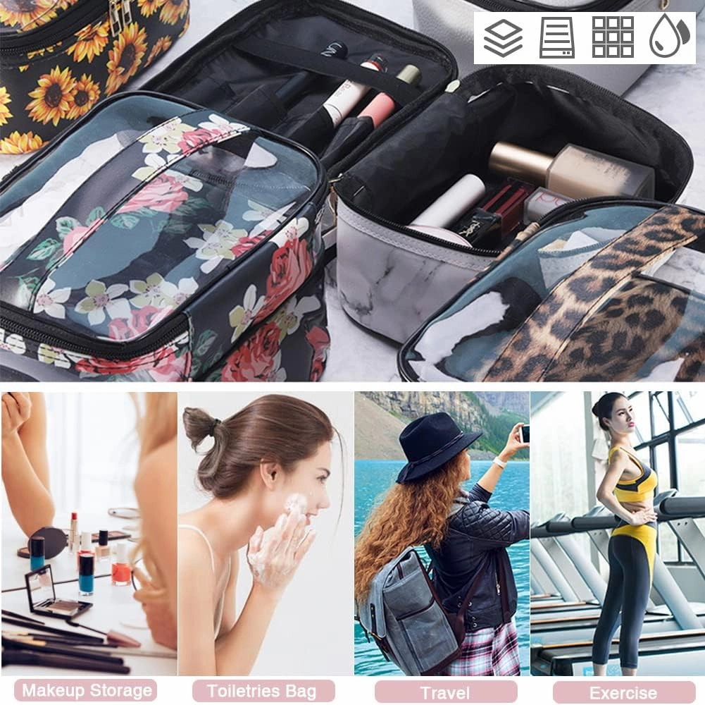 FITINI 3 Pieces Makeup Bags Double Layer Travel Large Cosmetic Cases Organizer Toiletry Bags Waterproof Small Zipper Pouch for Women Makeup Brush Storage Bag,Black Woven Pattern