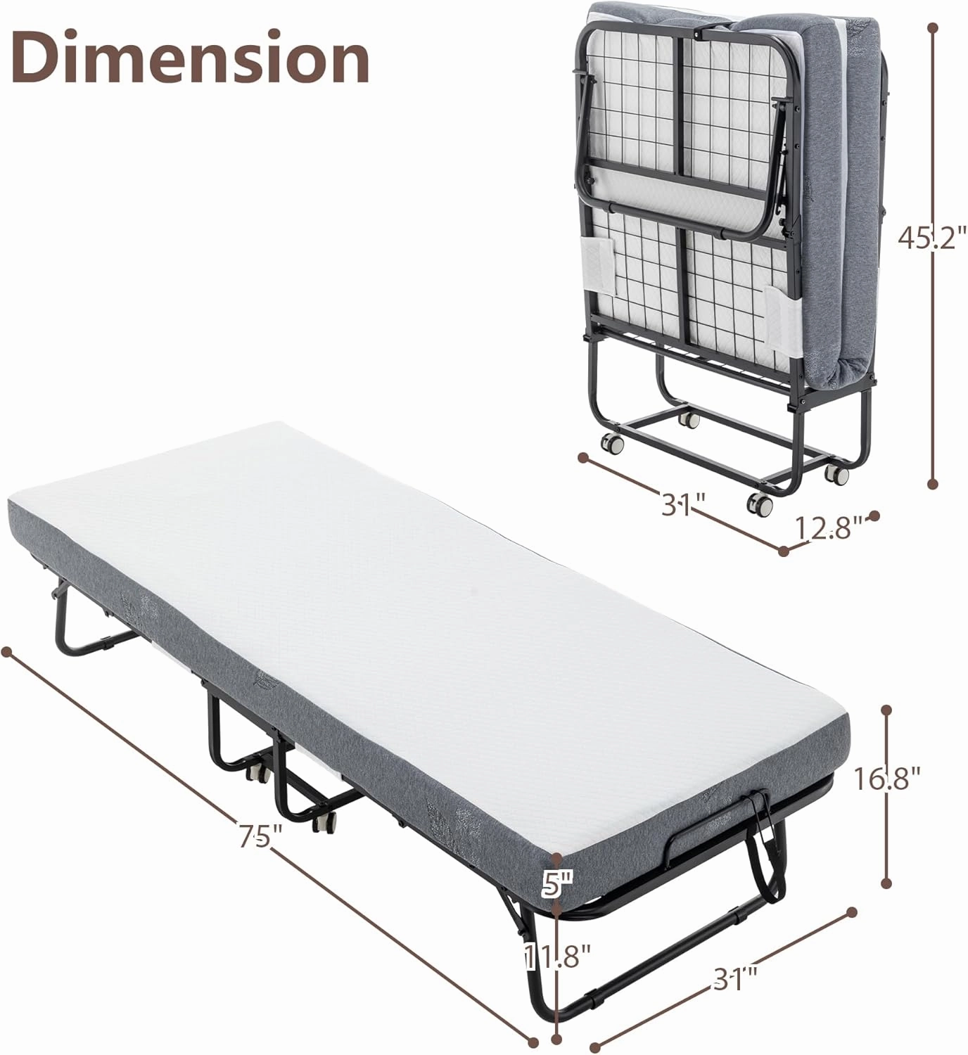 Folding Bed with 5” Memory Sponge Mattress, Portable Guest Bed Camping Cot for Adults, Saving Space Rollaway Bed for Travel and Hospital Nursing, 75 x 31 Inches