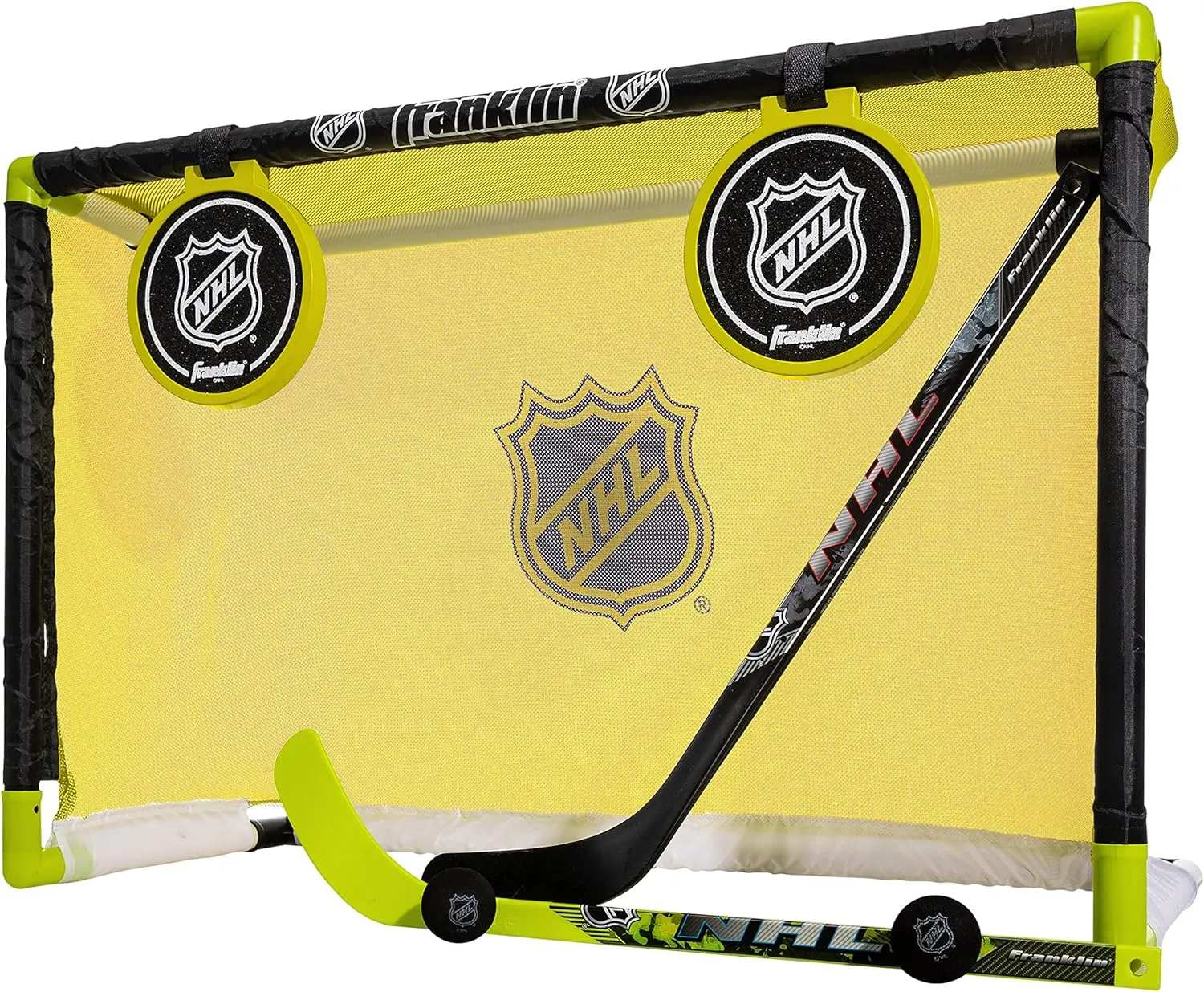 Franklin Sports Mini Hockey Goal Set - Indoor Knee Hockey Goal   (2) Shinny Hockey Sticks - (2) Mini Foam Hockey Balls   Pop Out Shooting Targets - All Star, Yellow, 32" X 21" X 12"