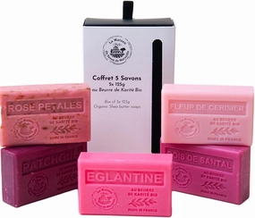 French Soaps - 5 x 125g Bars - Organic Shea Butter Skincare Gift Set - Blush Collection - Rose Petals - Cherry Blossom - Patchouli - Eglantine - Sandalwood