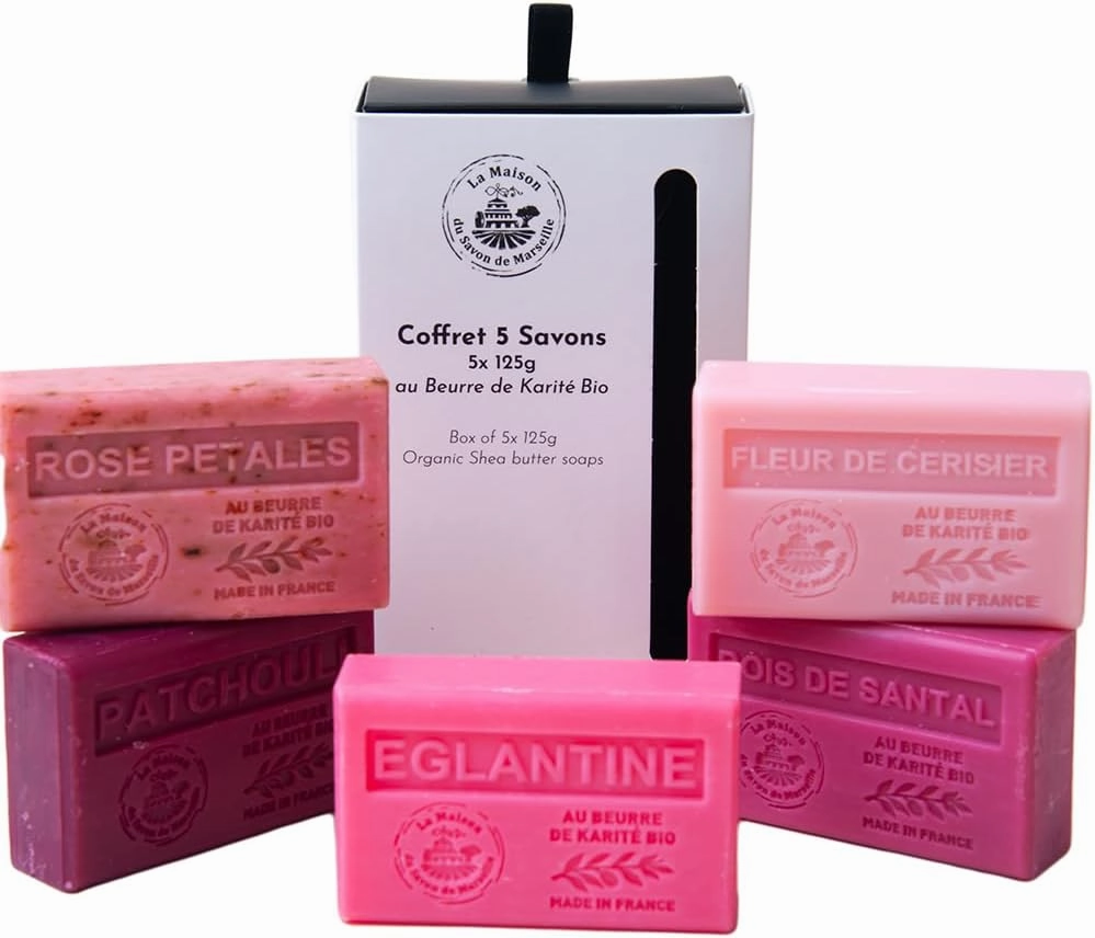 French Soaps - 5 x 125g Bars - Organic Shea Butter Skincare Gift Set - Blush Collection - Rose Petals - Cherry Blossom - Patchouli - Eglantine - Sandalwood