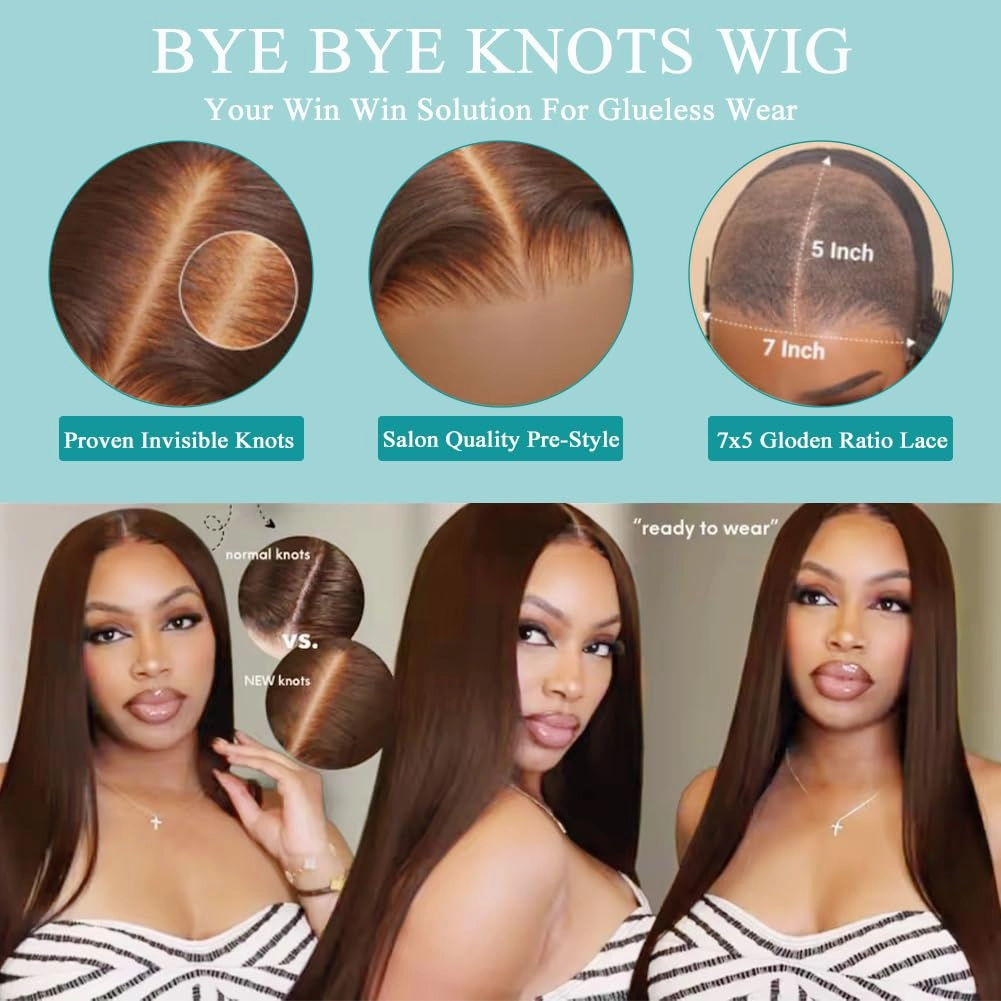 FTQZKEY 22 Inch Wear and Go Glueless Wigs Human Hair Pre Plucked Pre Cut 7X5 Brown Straight Lace Front Wigs Human Hair Wigs for Women No Glue Hd Lace Front Closure Ready to Wear Wigs 220% Density
