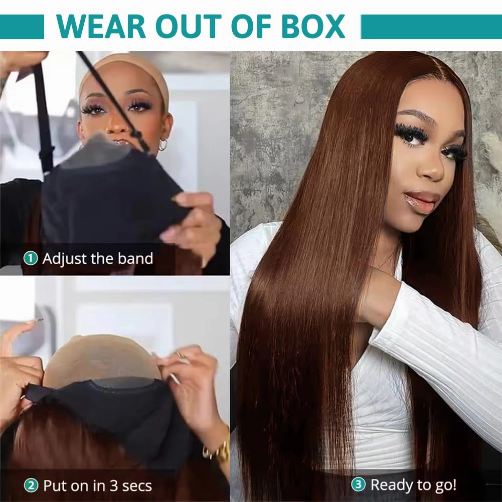 FTQZKEY 22 Inch Wear and Go Glueless Wigs Human Hair Pre Plucked Pre Cut 7X5 Brown Straight Lace Front Wigs Human Hair Wigs for Women No Glue Hd Lace Front Closure Ready to Wear Wigs 220% Density