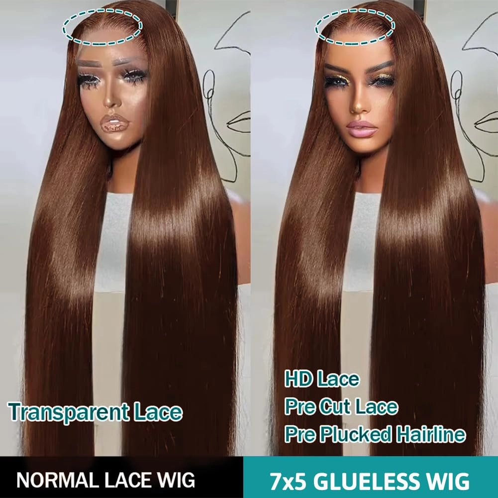 FTQZKEY 22 Inch Wear and Go Glueless Wigs Human Hair Pre Plucked Pre Cut 7X5 Brown Straight Lace Front Wigs Human Hair Wigs for Women No Glue Hd Lace Front Closure Ready to Wear Wigs 220% Density