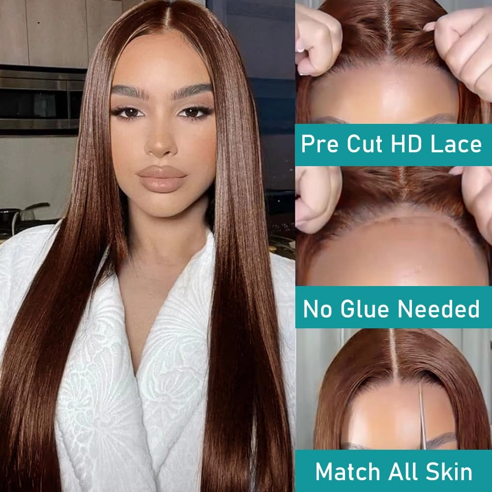 FTQZKEY 22 Inch Wear and Go Glueless Wigs Human Hair Pre Plucked Pre Cut 7X5 Brown Straight Lace Front Wigs Human Hair Wigs for Women No Glue Hd Lace Front Closure Ready to Wear Wigs 220% Density