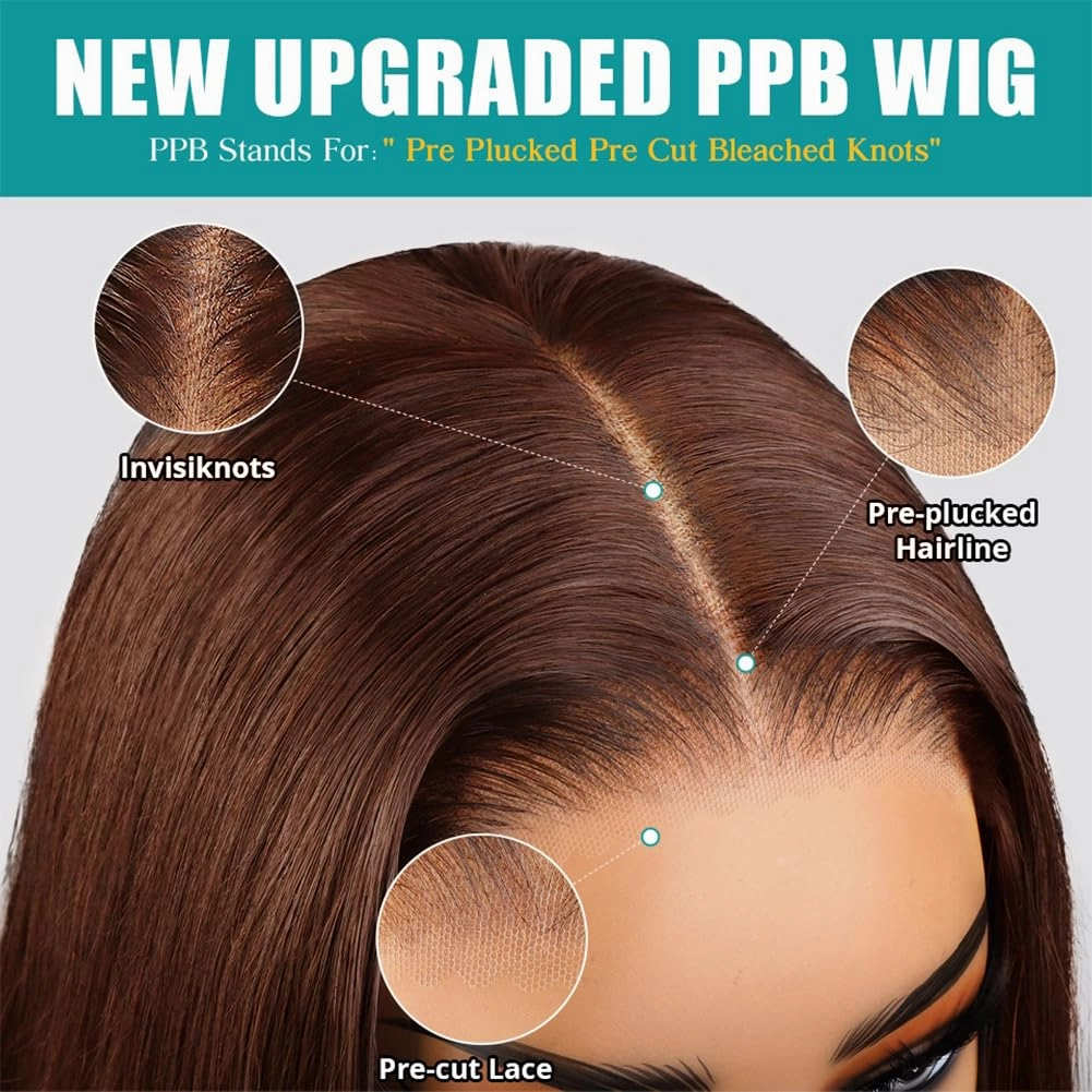 FTQZKEY 22 Inch Wear and Go Glueless Wigs Human Hair Pre Plucked Pre Cut 7X5 Brown Straight Lace Front Wigs Human Hair Wigs for Women No Glue Hd Lace Front Closure Ready to Wear Wigs 220% Density