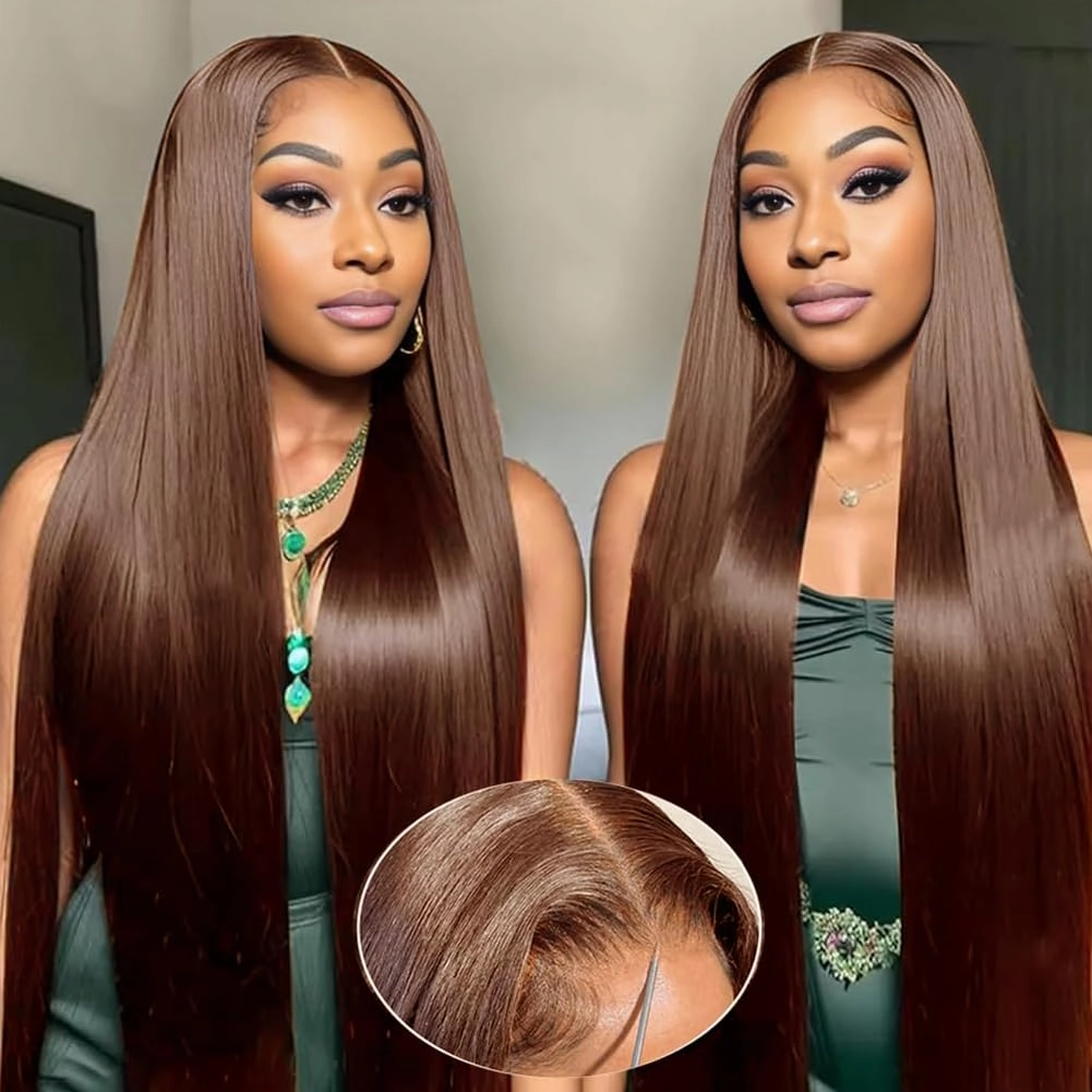 FTQZKEY 22 Inch Wear and Go Glueless Wigs Human Hair Pre Plucked Pre Cut 7X5 Brown Straight Lace Front Wigs Human Hair Wigs for Women No Glue Hd Lace Front Closure Ready to Wear Wigs 220% Density