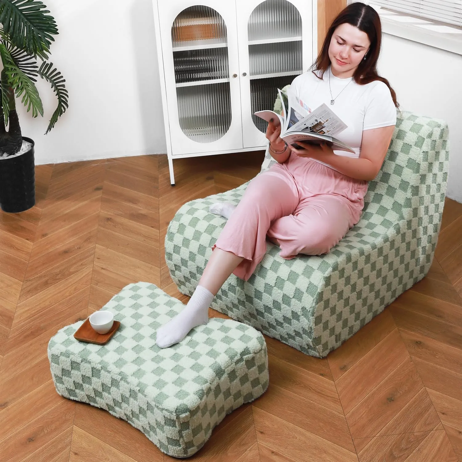 Giant Bean Bag Chair for Adults with Ottoman, Teddy Fabric Beanbag Chair with Memory Foam Filled,Plush Lazy Floor Sofa with Footstool Couch for Living Room,Bedroom,Dorm, Apartment, Green