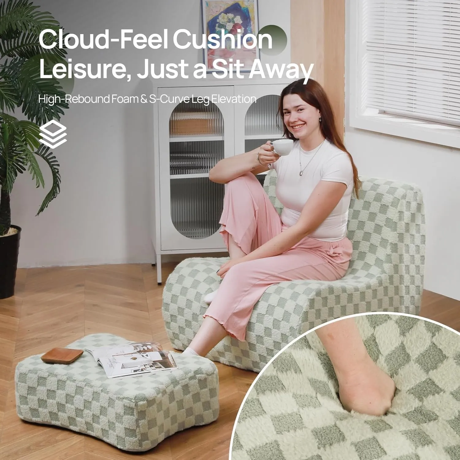 Giant Bean Bag Chair for Adults with Ottoman, Teddy Fabric Beanbag Chair with Memory Foam Filled,Plush Lazy Floor Sofa with Footstool Couch for Living Room,Bedroom,Dorm, Apartment, Green