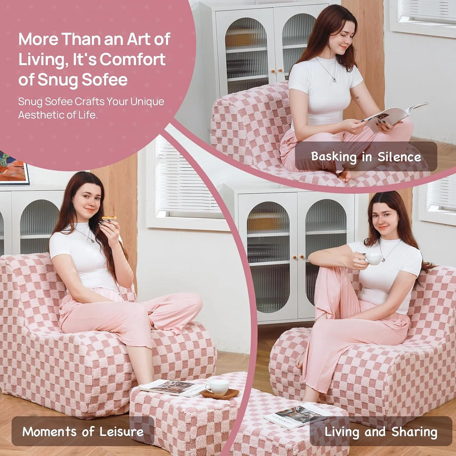 Giant Bean Bag Chair for Adults with Ottoman, Teddy Fabric Beanbag Chair with Memory Foam Filled,Plush Lazy Floor Sofa with Footstool Couch for Living Room,Bedroom,Dorm, Apartment, Pink