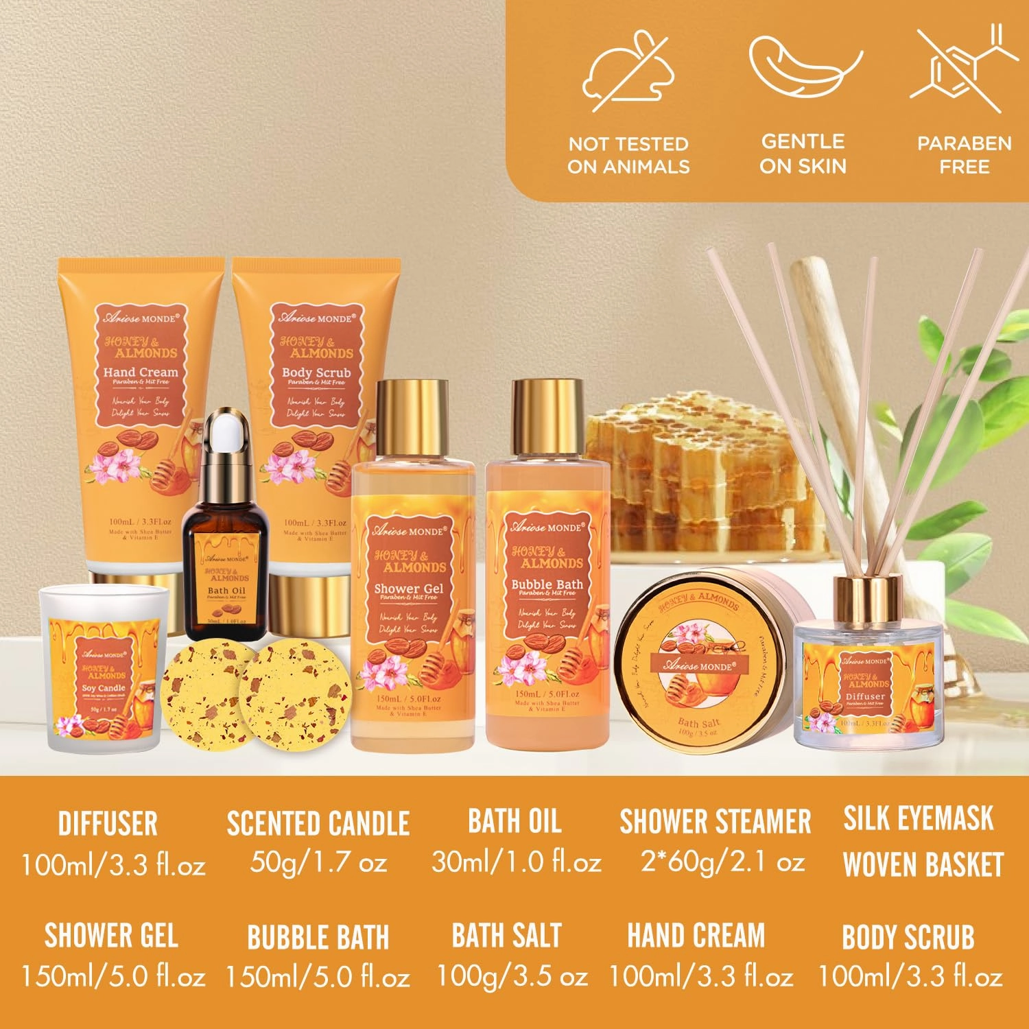 Gift Baskets for Women, Bath and Body Gift Set for her with 13pcs Honey Almond Scented Spa Gifts for Women, Bath Sets Includes Scented Candle, Shower Steamer, Bubble Bath, Bath Salt. Mothers Day Gifts