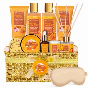 Gift Baskets for Women, Bath and Body Gift Set for her with 13pcs Honey Almond Scented Spa Gifts for Women, Bath Sets Includes Scented Candle, Shower Steamer, Bubble Bath, Bath Salt. Mothers Day Gifts
